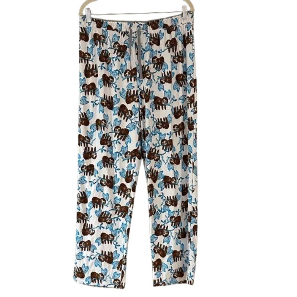 3/$18 Sloth Print Pajama Pants – White Lounge Sleep Pants with Blue Leaves